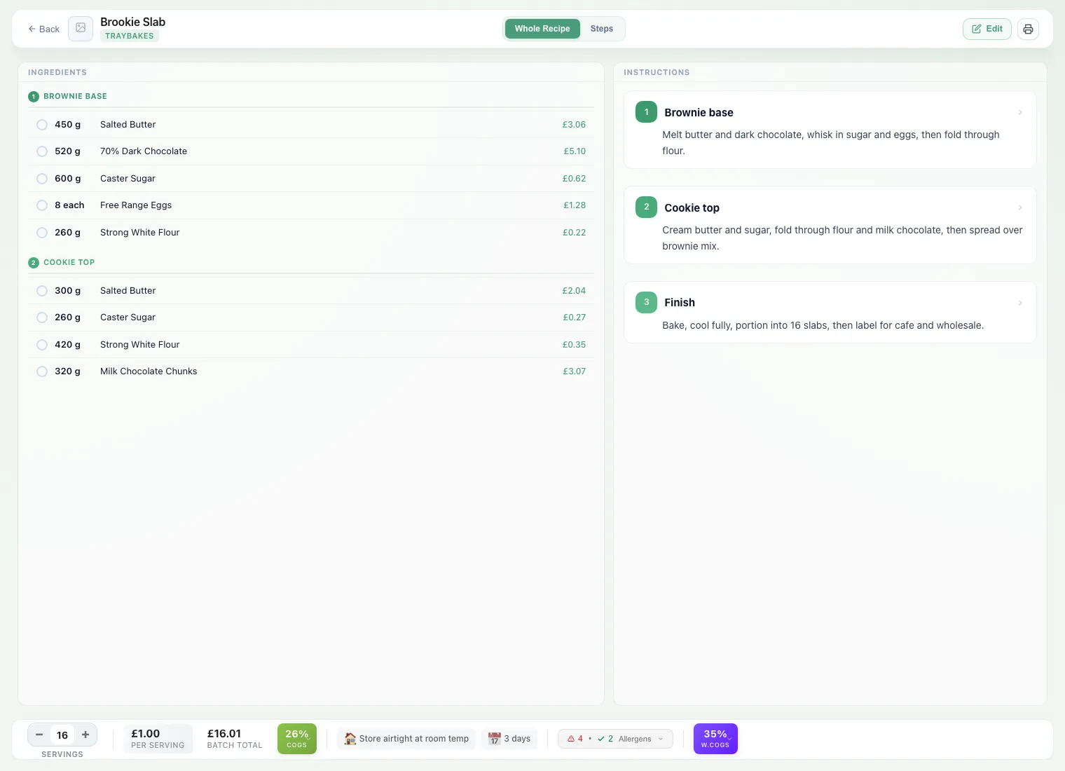Recipe costing screen showing ingredients, margin, and cost per unit
